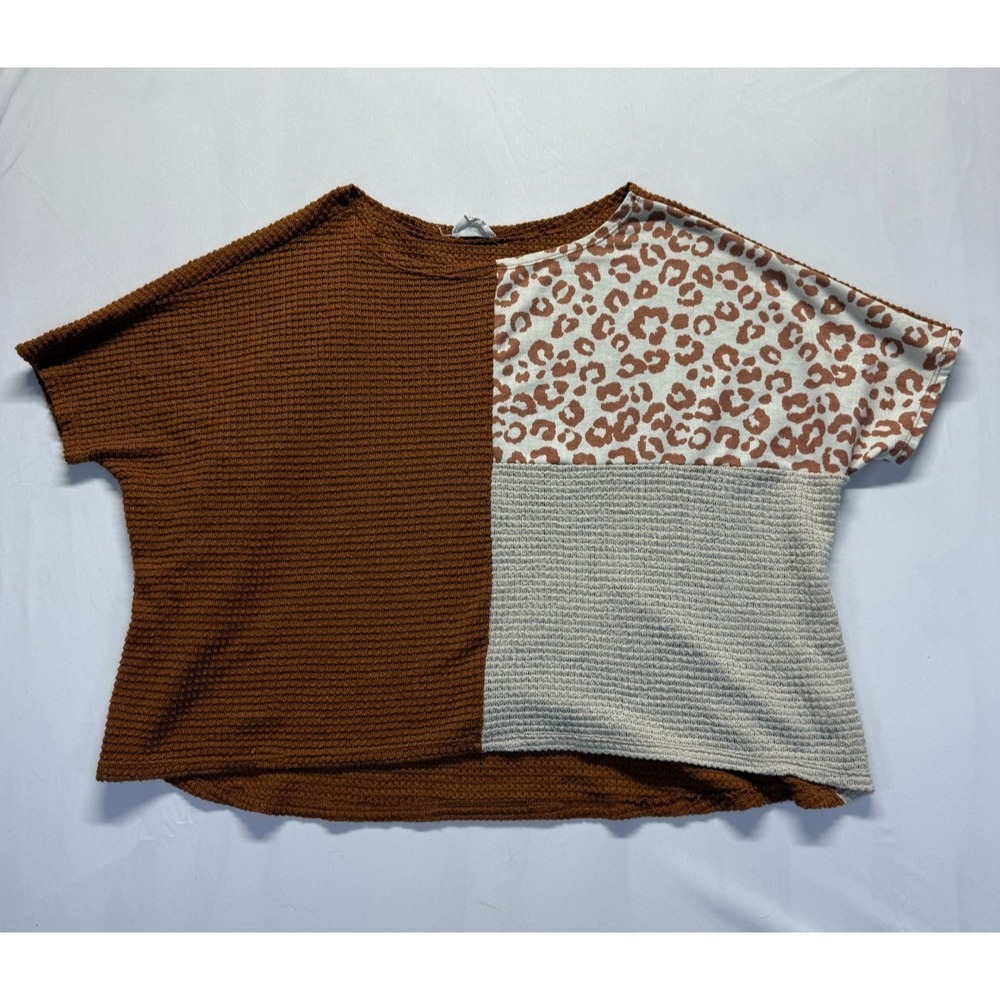 Fantastic Fawn Crop Top Womens Medium Multi Colorblock Leopard Print Waffle Knit